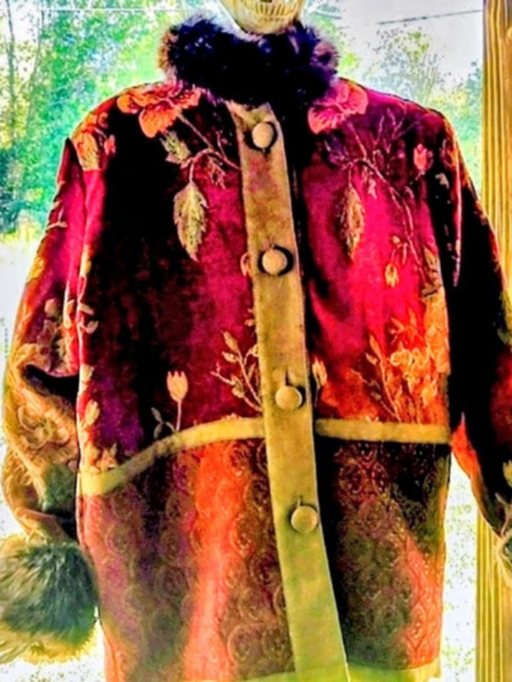 Floral Embroidered Fur Trim Jacket in Red & Brown Like New